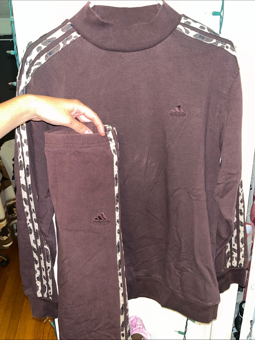 adidas Woman’s Brown Crewneck & Leggings Sweat Set with Leopard Print Stripes
